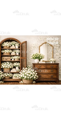 Tło fotograficzne „Drewniana komoda z lustrem i białymi kwiatami” | E842